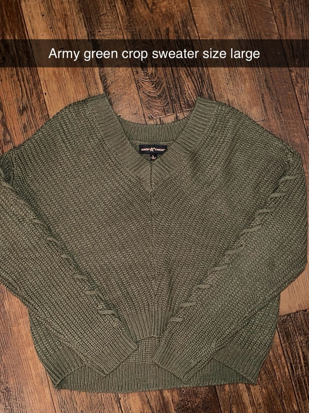 Army Green Cropped Cable Sleeve Sweater - Size Large